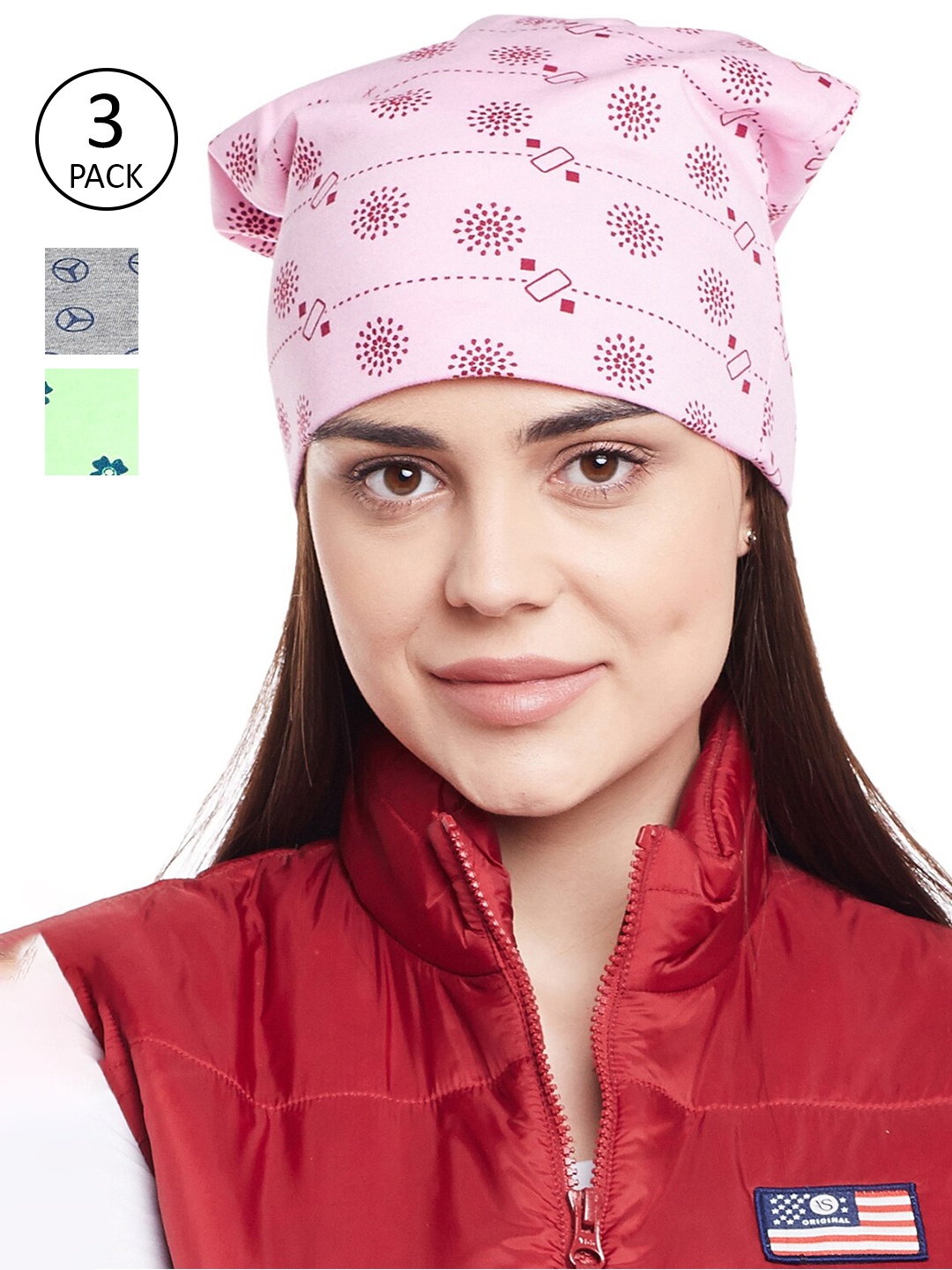 

VIMAL JONNEY Women Grey & Pink Pack Of 3 Printed Beanies