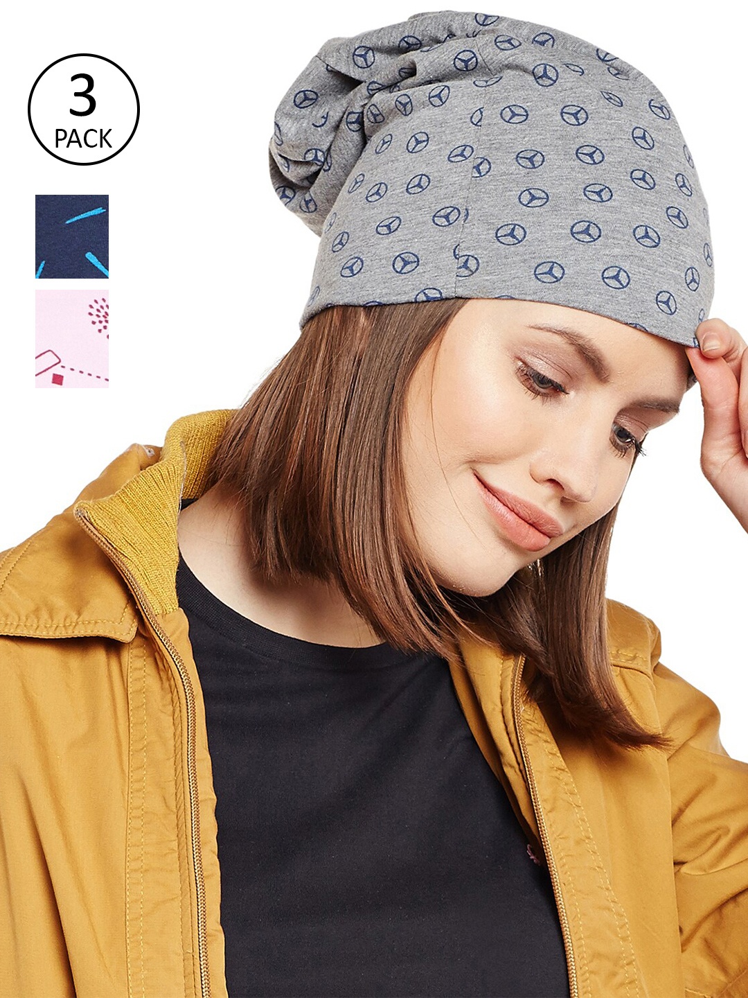 

VIMAL JONNEY Women Pack Of 3 Printed Beanie Cap, Grey