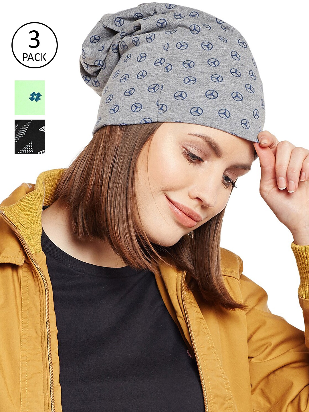 

VIMAL JONNEY Women Pack of 3 Printed Beanie, Black