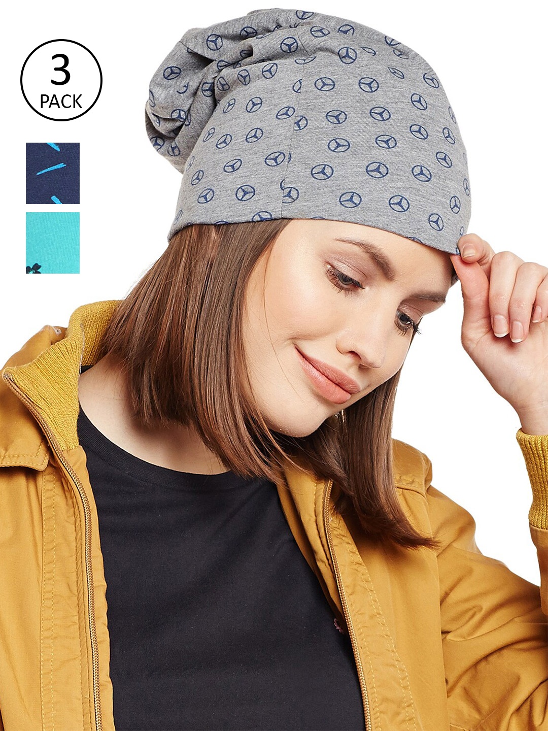 

VIMAL JONNEY Women 3 Grey & Navy Blue Printed Beanie