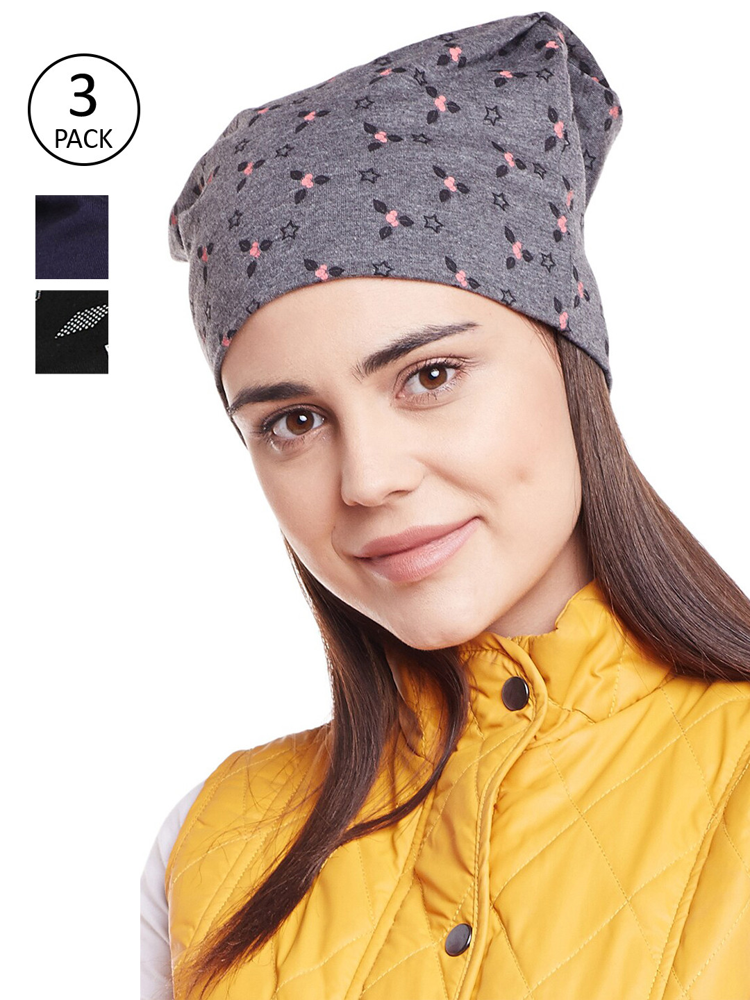 

VIMAL JONNEY Women Pack of 3 Printed Beanie, Black