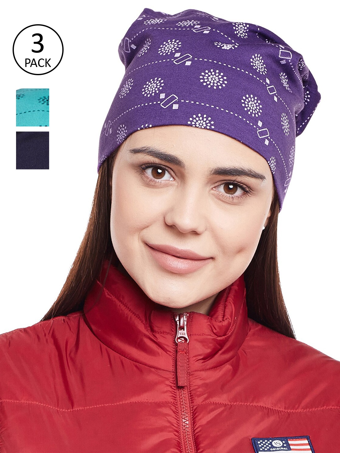 

VIMAL JONNEY Women Pack of 3 Printed Beanie, Navy blue