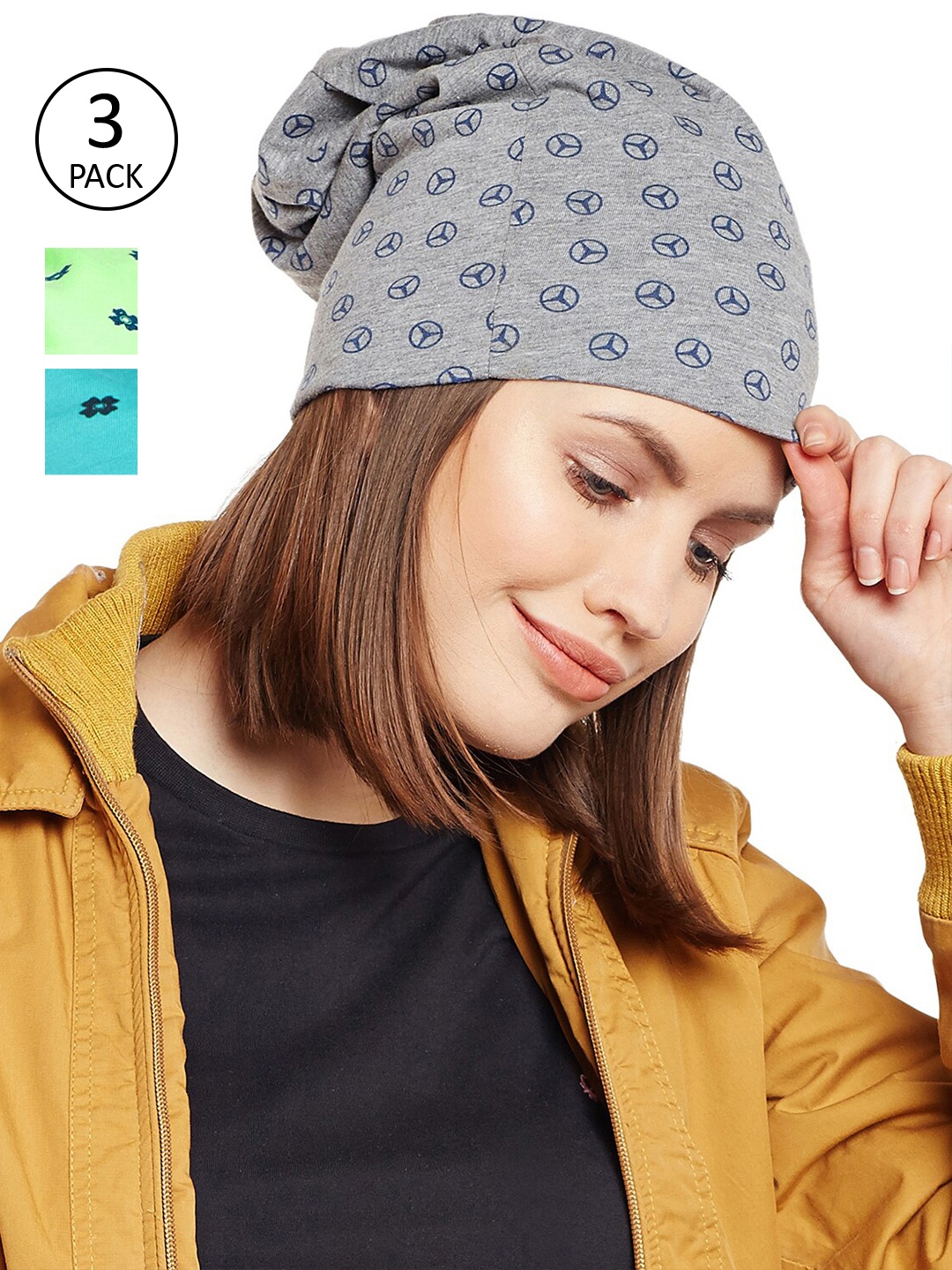 

VIMAL JONNEY Women Pack of 3 Grey & Blue Printed Beanie Caps