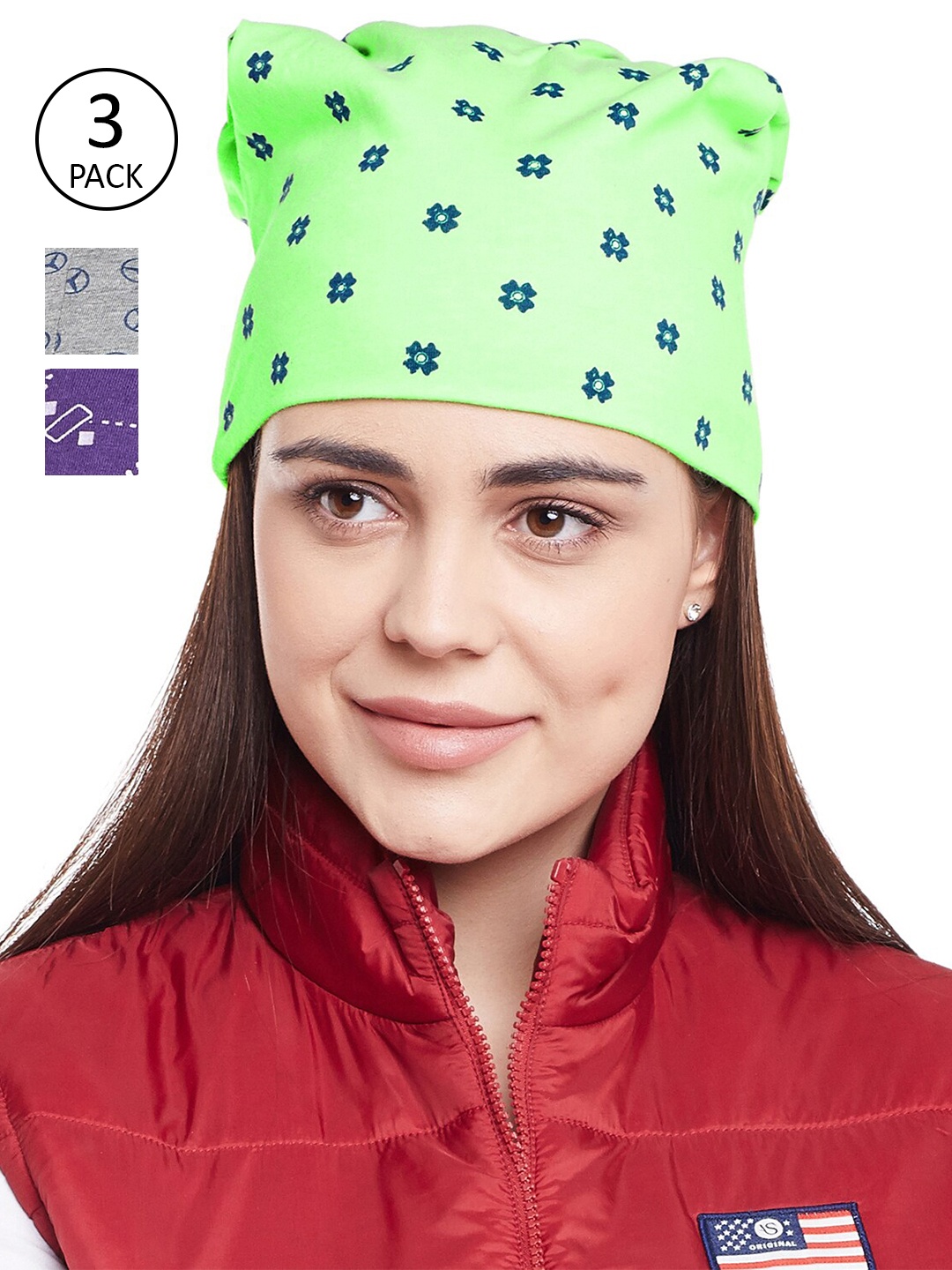 

VIMAL JONNEY Women Pack of 3 Grey & Green Printed Beanie