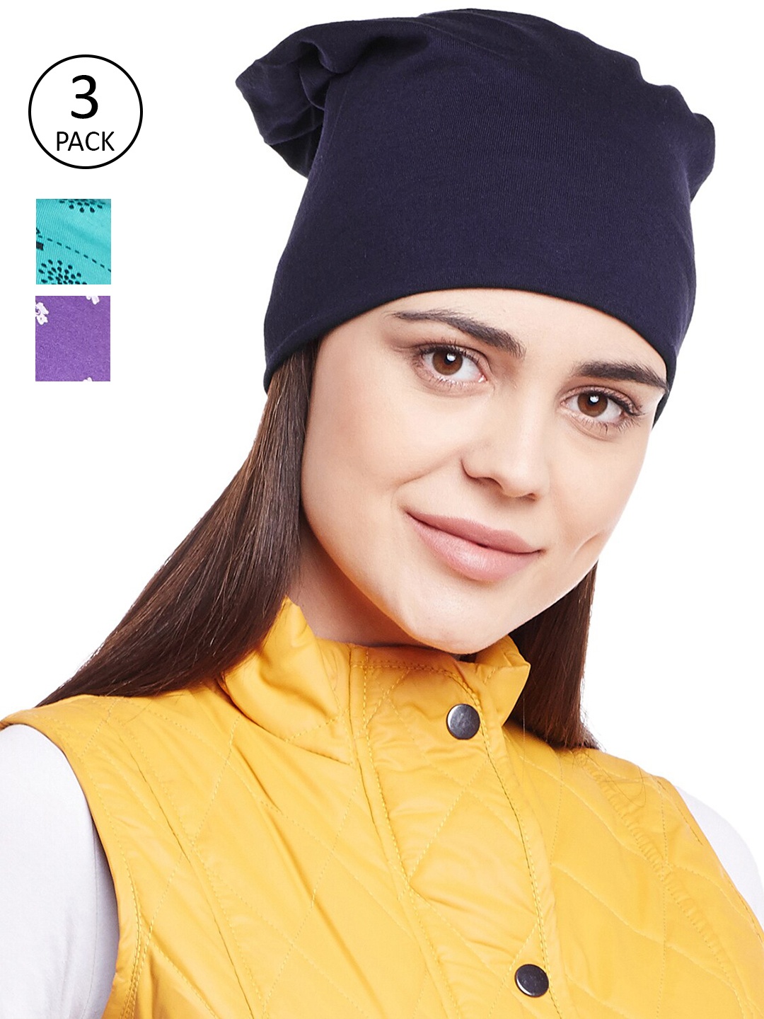 

VIMAL JONNEY Women Pack Of 3 Navy Blue & Purple Printed Beanie