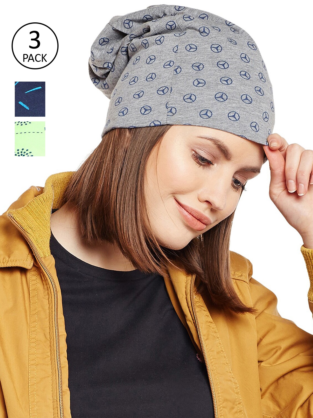 

VIMAL JONNEY Women Set Of 3 Multicoloured Printed Beanie, Multi