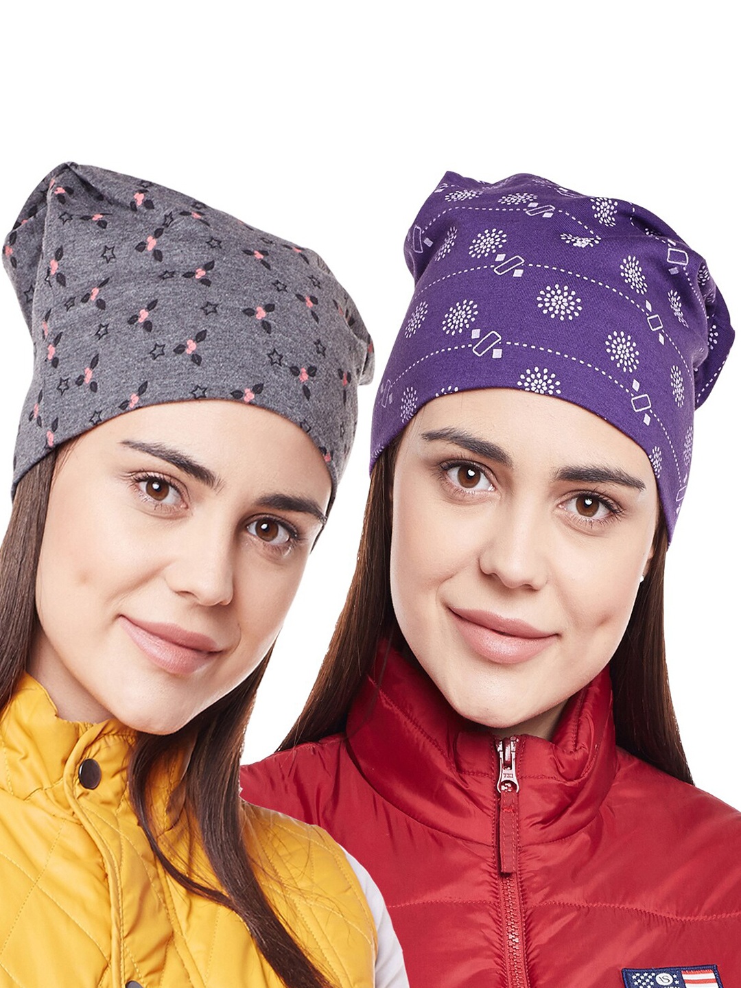 

VIMAL JONNEY Women Set of 2 Multi Printed Beanie Cap, Purple