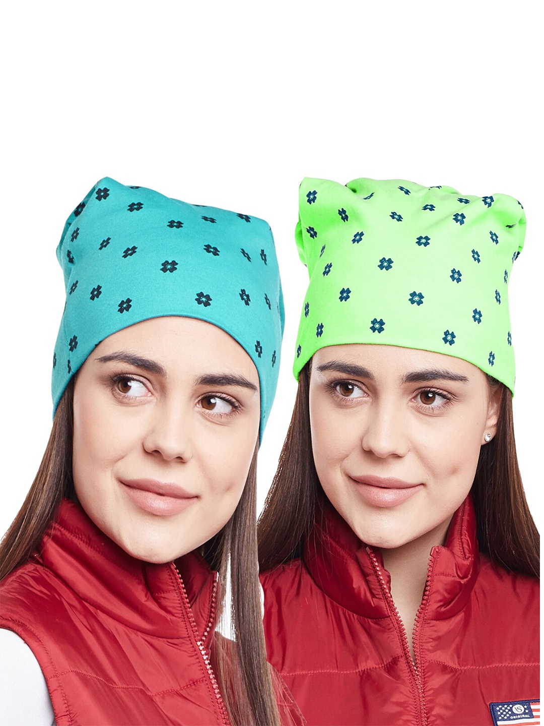 

VIMAL JONNEY Women Pack of 2 Green & Turquoise Blue Printed Beanie