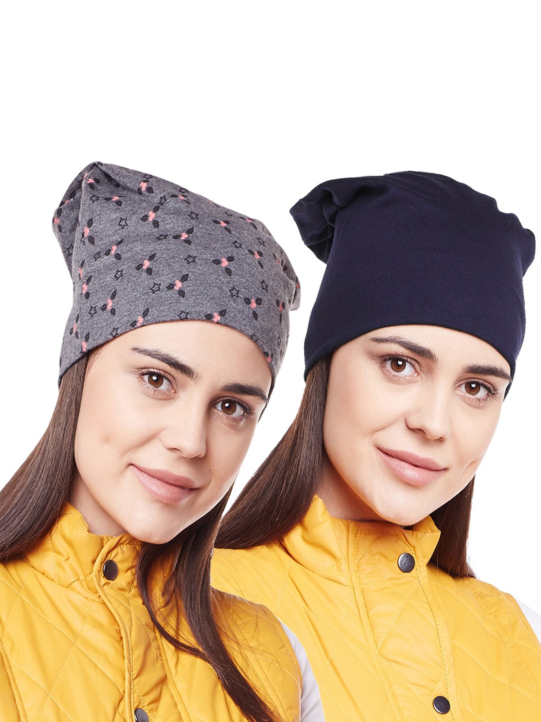 

VIMAL JONNEY Women Grey & Navy Blue Set Of 2 Printed Beanie