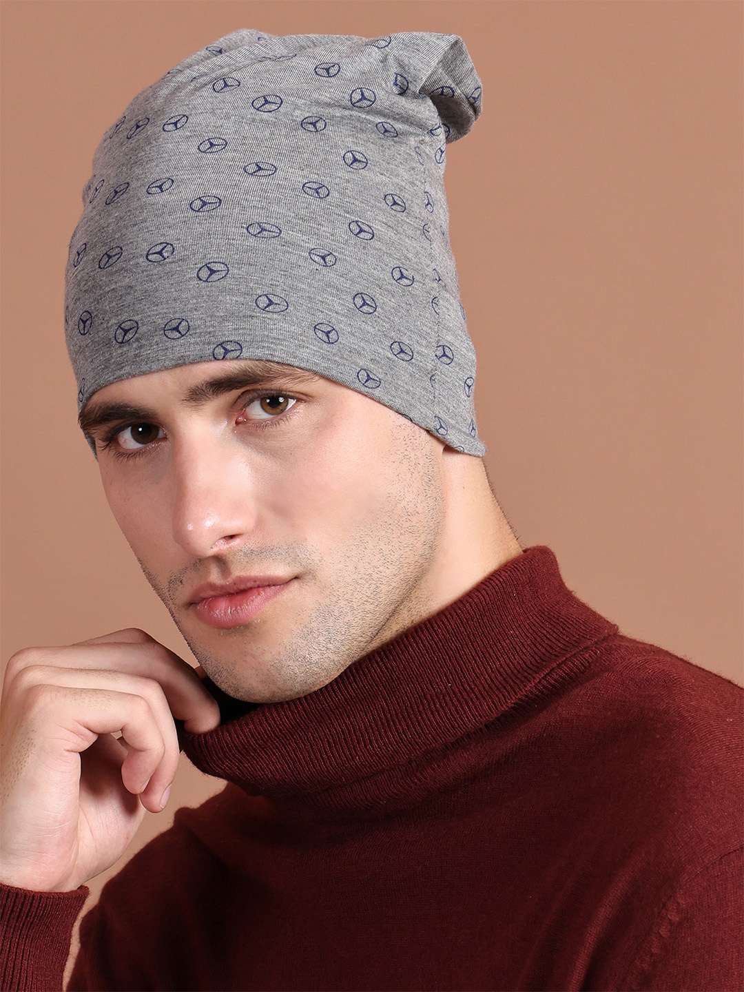 

MACK JONNEY Unisex Grey & Blue Printed Beanie Cap