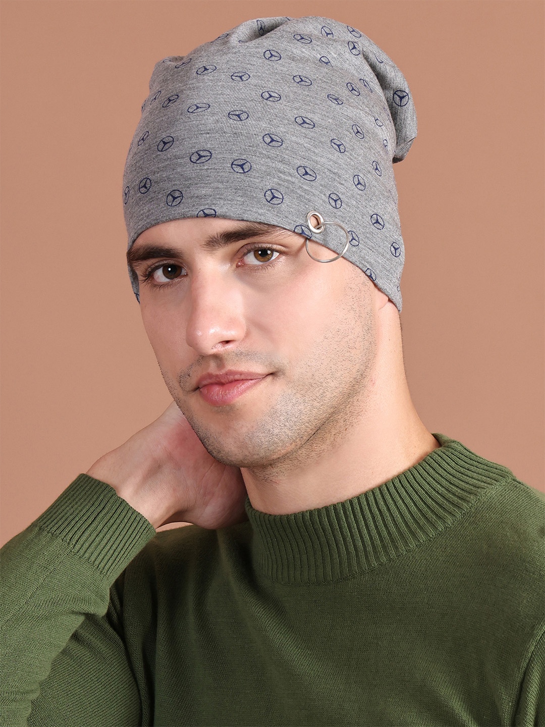 

MACK JONNEY Unisex Grey & Blue Printed Beanie