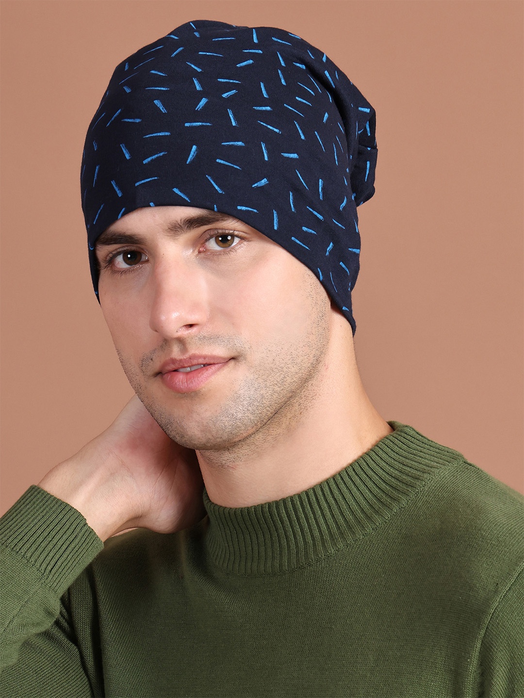 

MACK JONNEY Unisex Navy Blue Printed Beanie