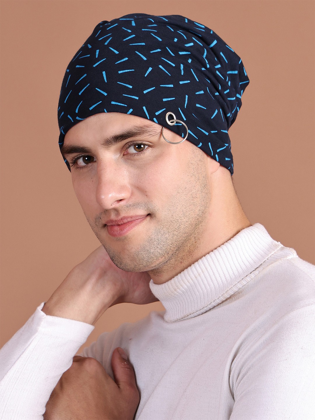 

MACK JONNEY Unisex Navy Blue Printed Beanie