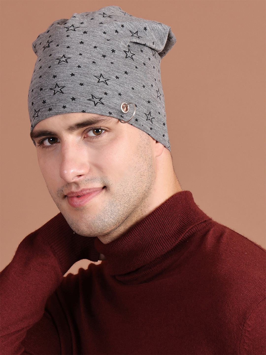 

MACK JONNEY Unisex Grey Printed Beanie Cap