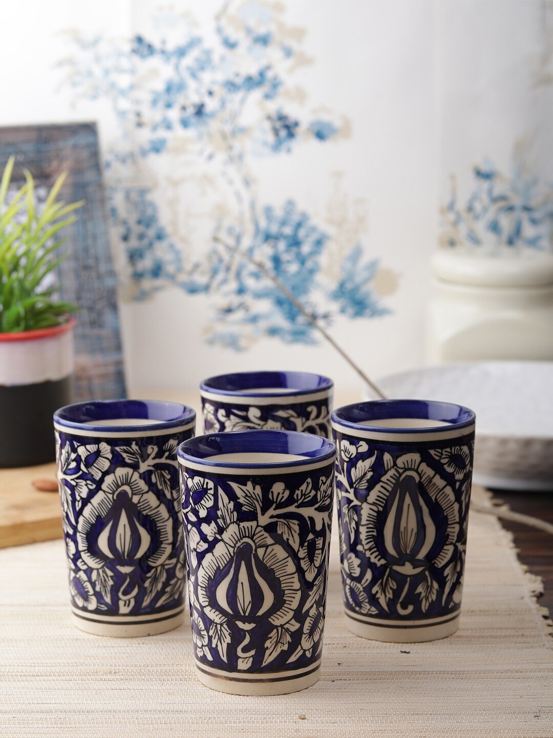 

VarEesha Set Of 4 White & Blue Printed Ceramic Tumblers 200 Ml