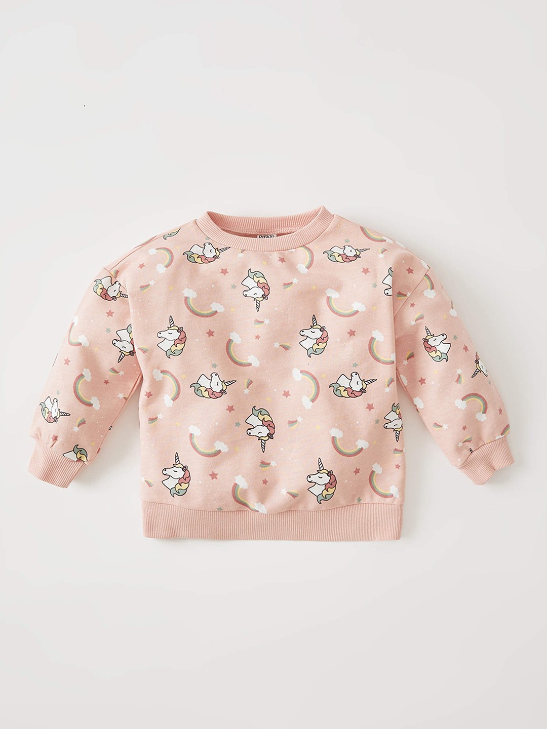 

DeFacto Girls Peach-Coloured & White Cotton Unicorn Printed Sweatshirt