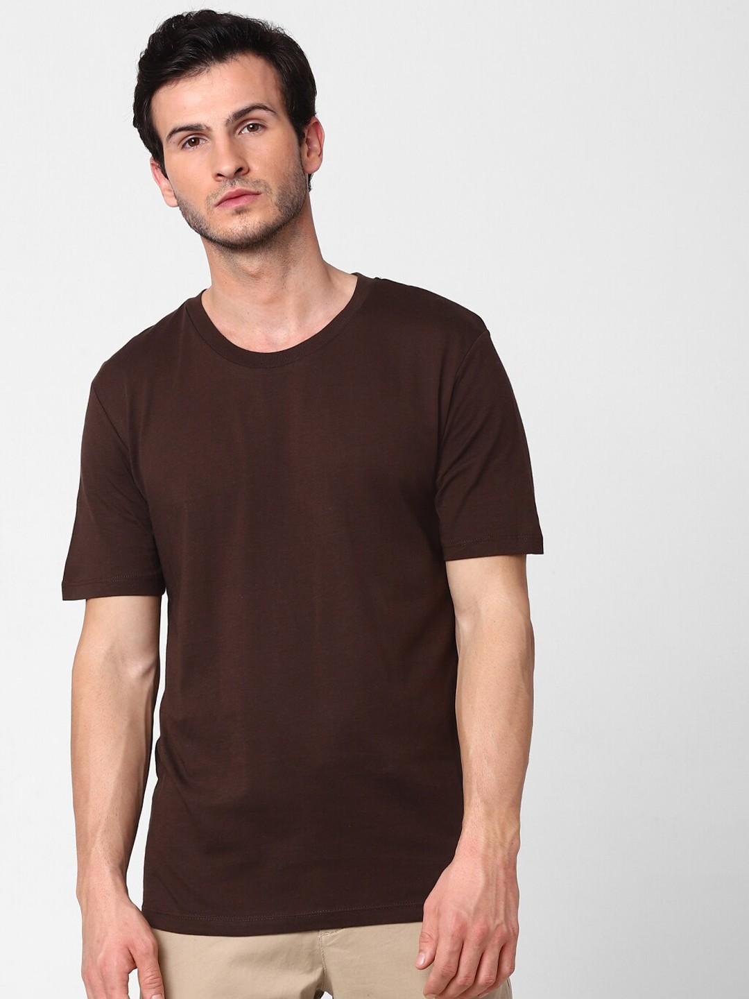 

SELECTED Men Brown Cotton Slim Fit T-shirt