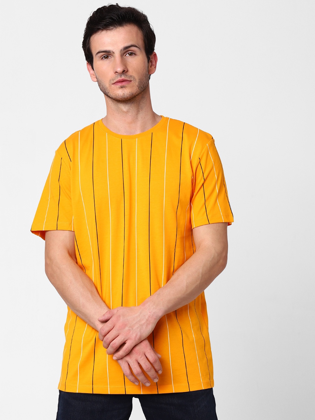 

SELECTED Men Orange Striped Casual T-shirt
