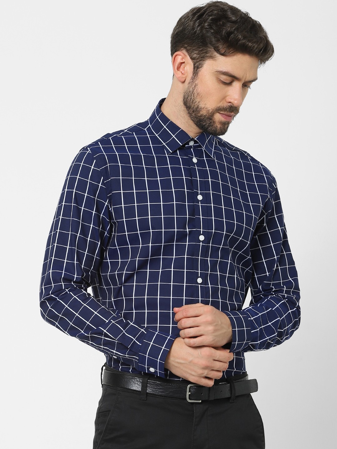 

SELECTED Men Navy Blue Grid Tattersall Checks Checked Casual Shirt