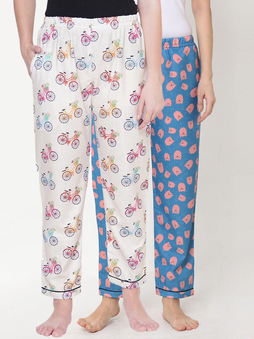 

FashionRack Women Pack Of 2 White & Blue Printed Cotton Lounge Pants