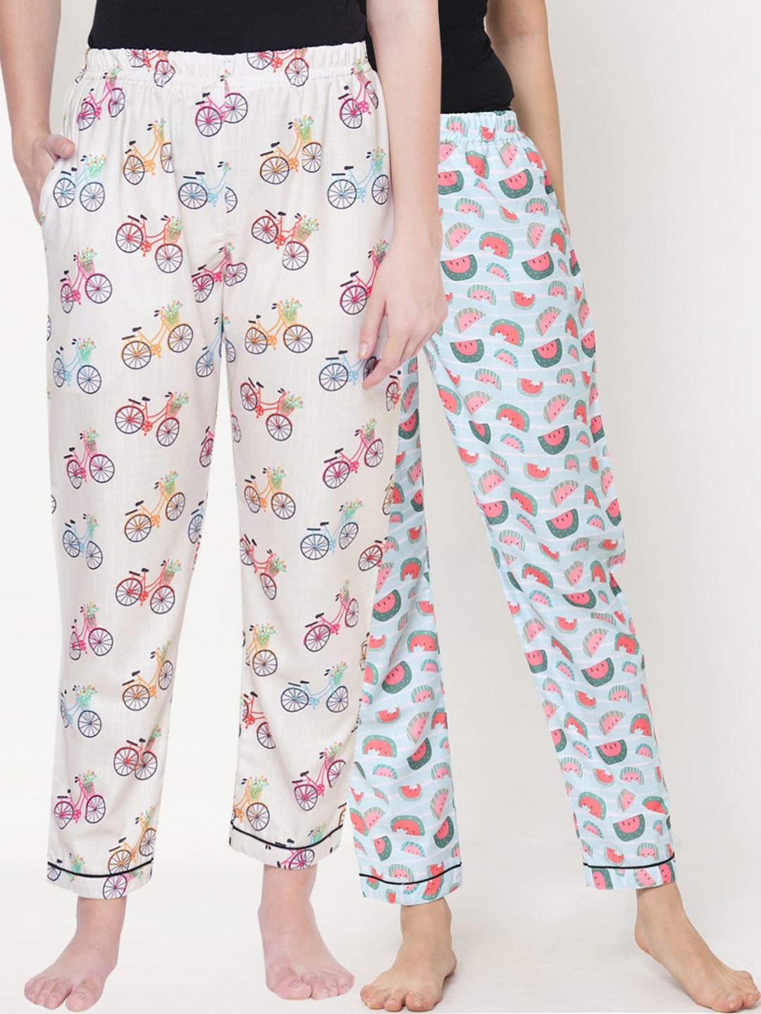 

FashionRack Women Pack Of 2 Blue & Off-White Printed Cotton Lounge Pants