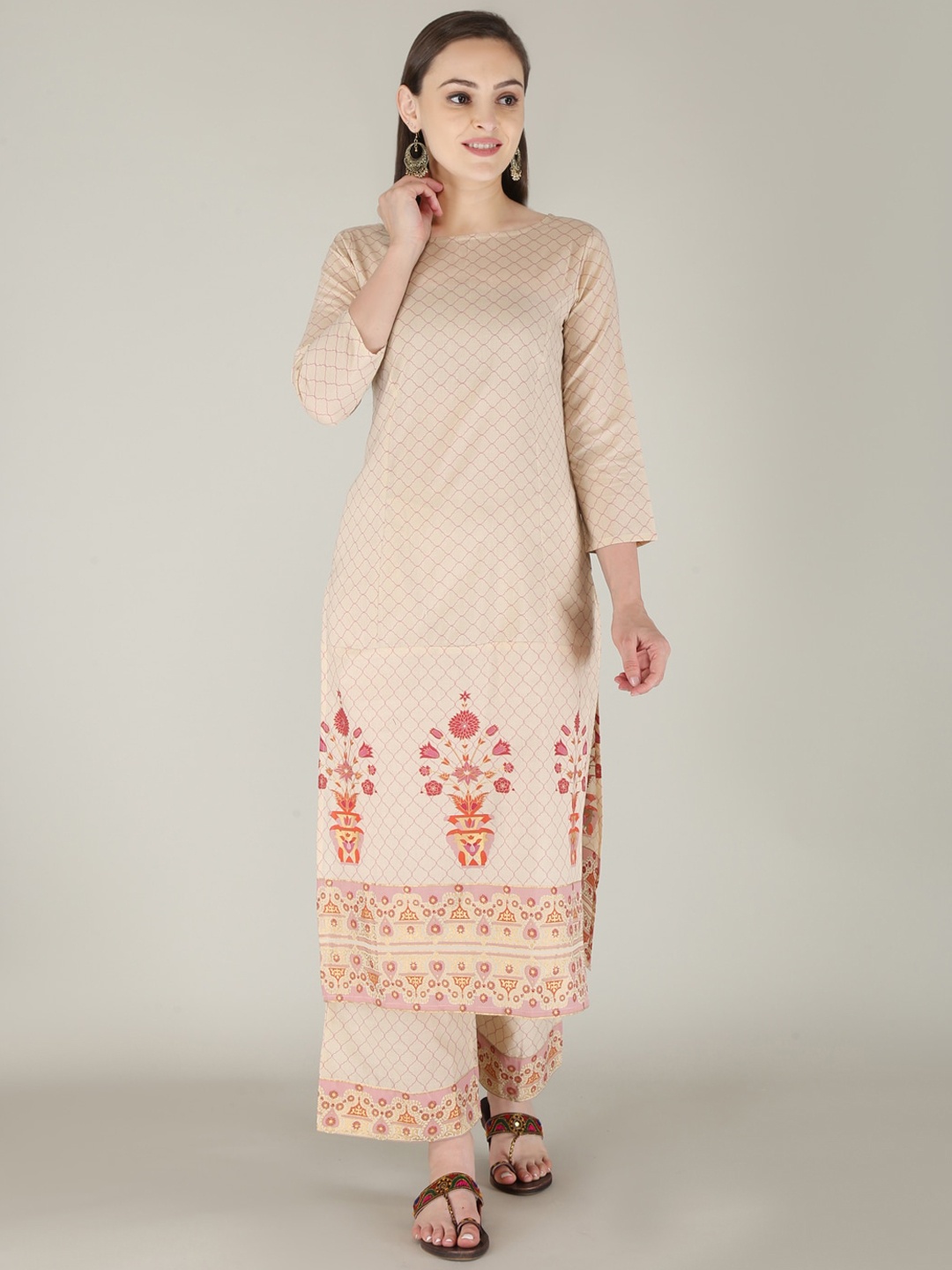 

KALINI Women Beige Floral Printed Pure Cotton Kurta with Churidar