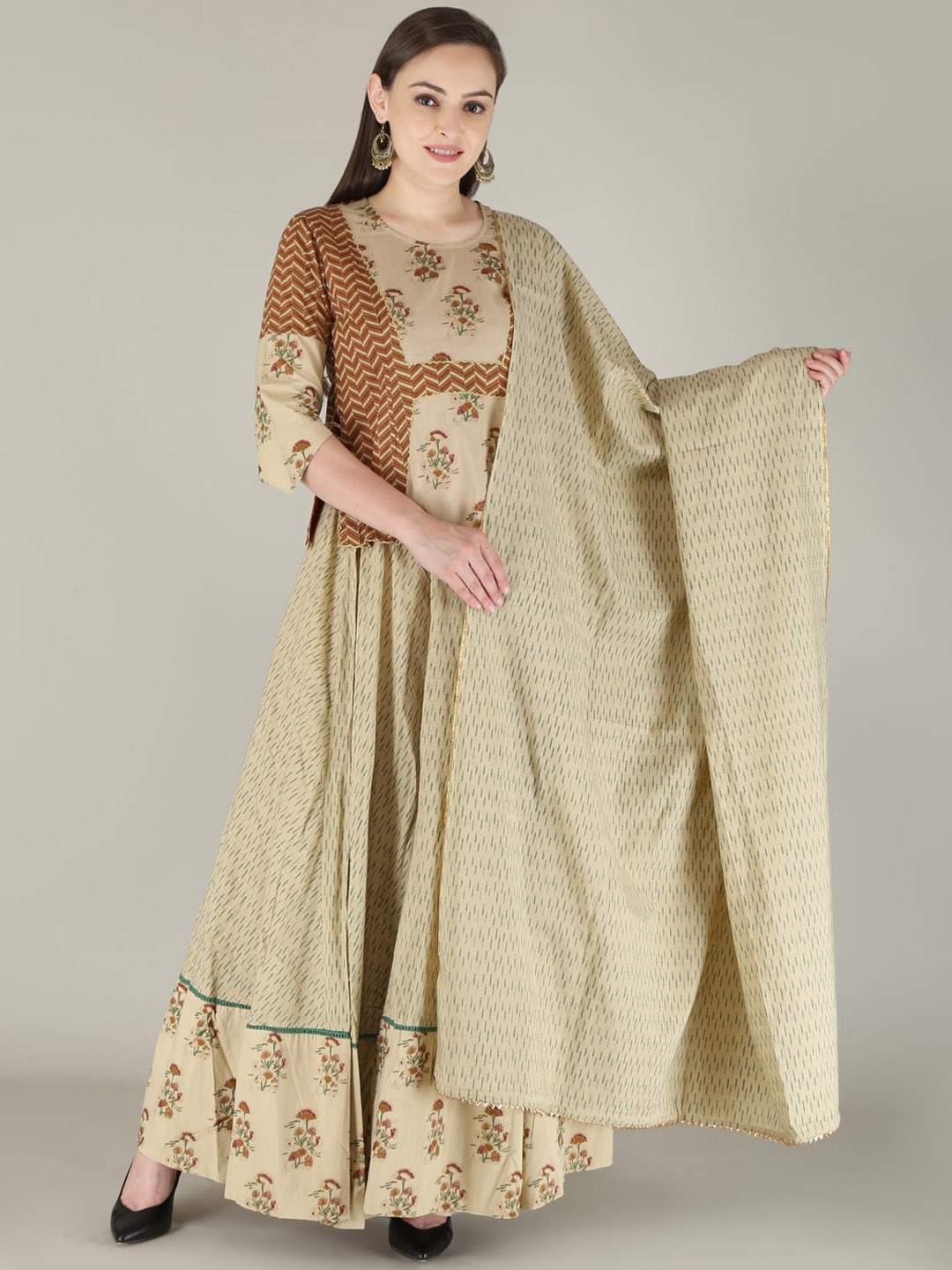 

KALINI Women Beige Panelled Pure Cotton Kurti with Skirt & With Dupatta