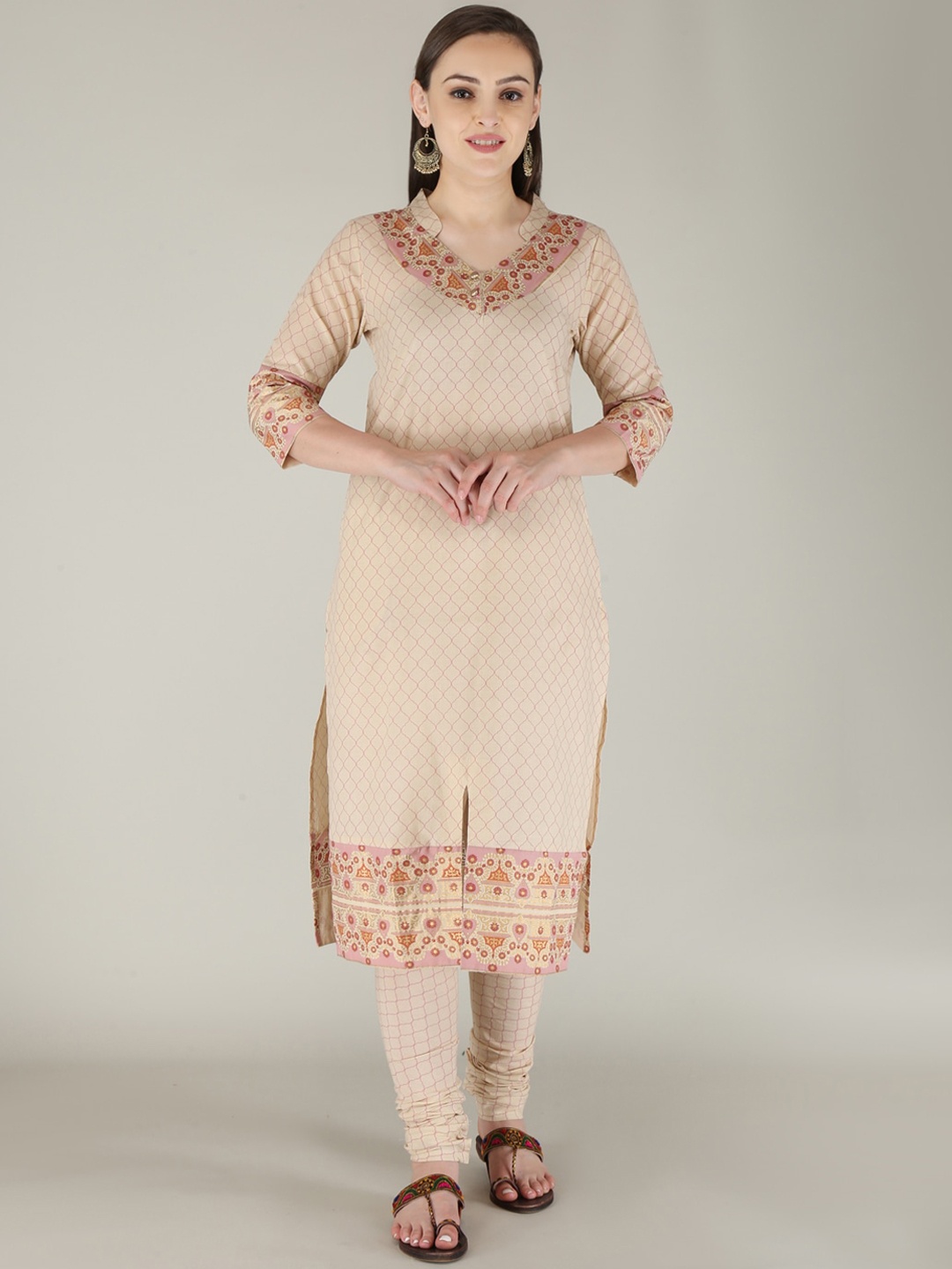 

KALINI Women Beige Floral Pleated Pure Cotton Kurta with Churidar