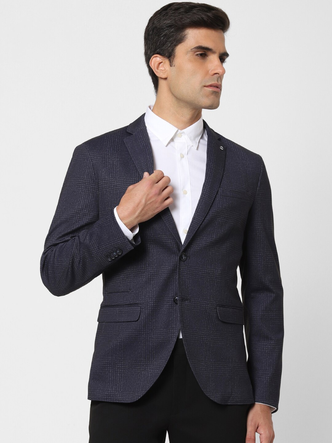 

SELECTED Men Navy Blue Checked Slim-Fit Single Breasted Casual Blazer
