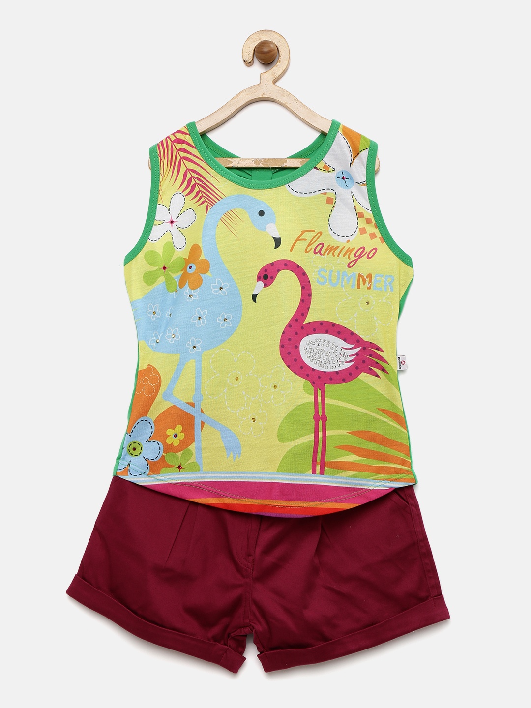 

Peppermint Girls Yellow & Burgundy Printed Embellished Clothing Set
