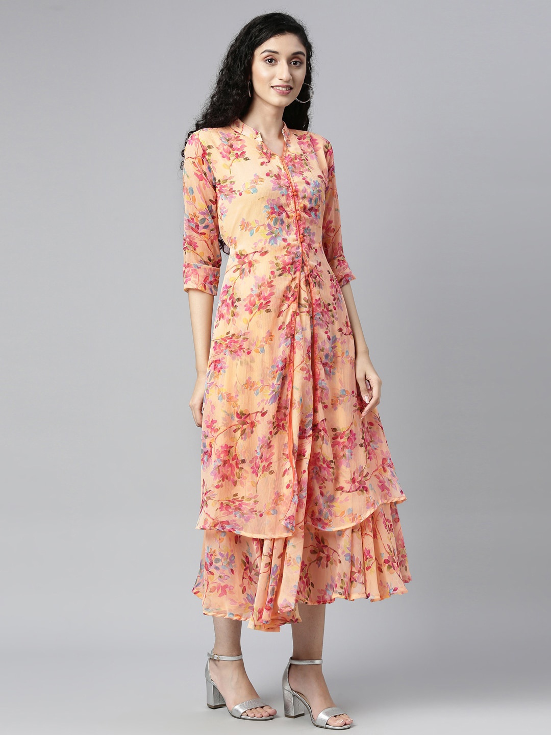 

Souchii Peach-Coloured Floral Layered Chiffon A-Line Midi Dress