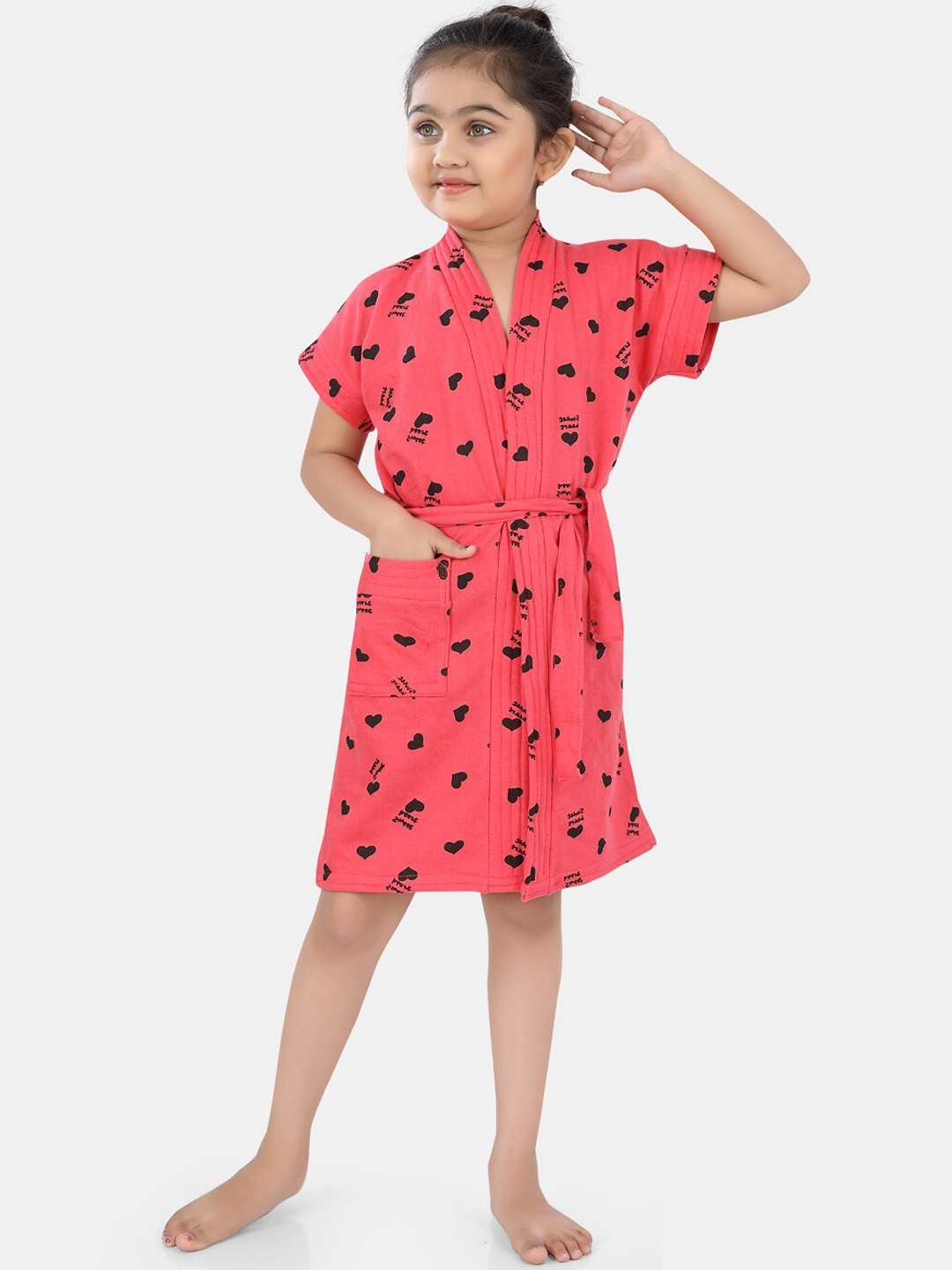 

POPLINS Kids Coral Red Printed Turkish Bath Robe