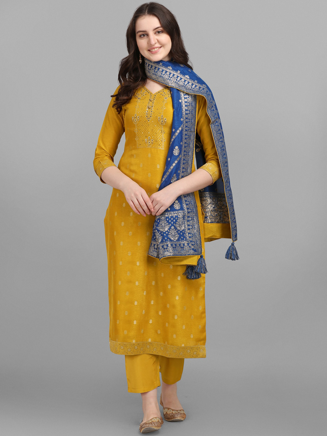 

Seerat Jacquard Top With Jacquard Contrast Dupatta With Palazzo, Yellow