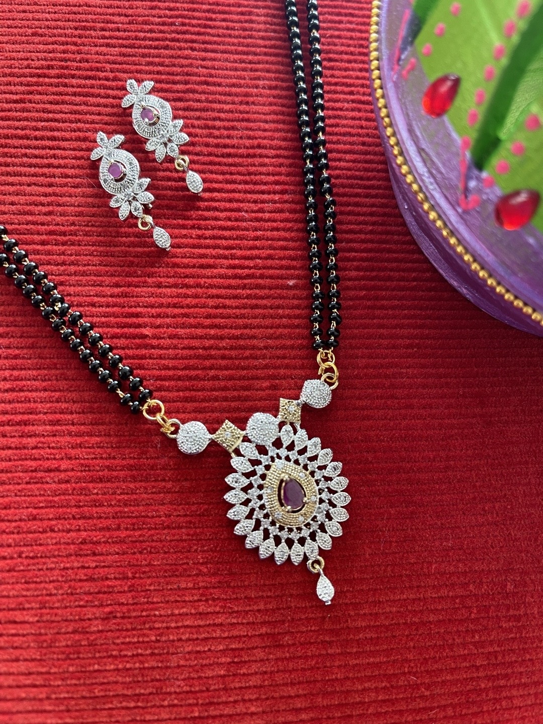 

Digital Dress Room Gold-Plated White & Black Stone Studded & Beaded Mangalsutra Set