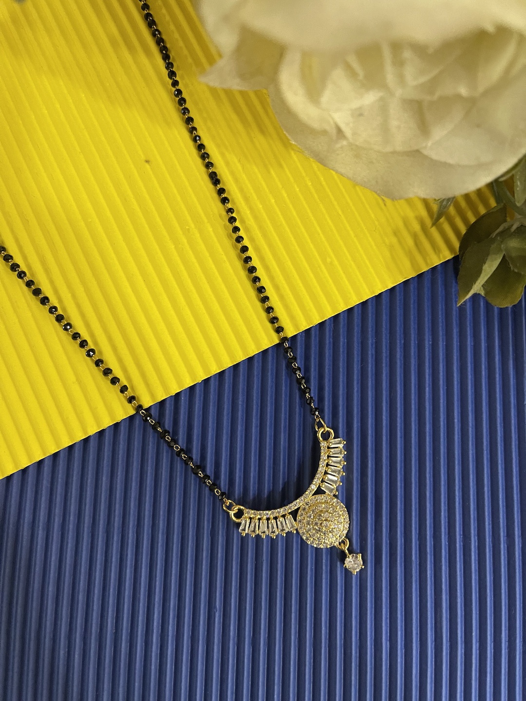 

Digital Dress Room Gold-Toned With Diamond Pendant Black Crystal Beads Mangalsutra