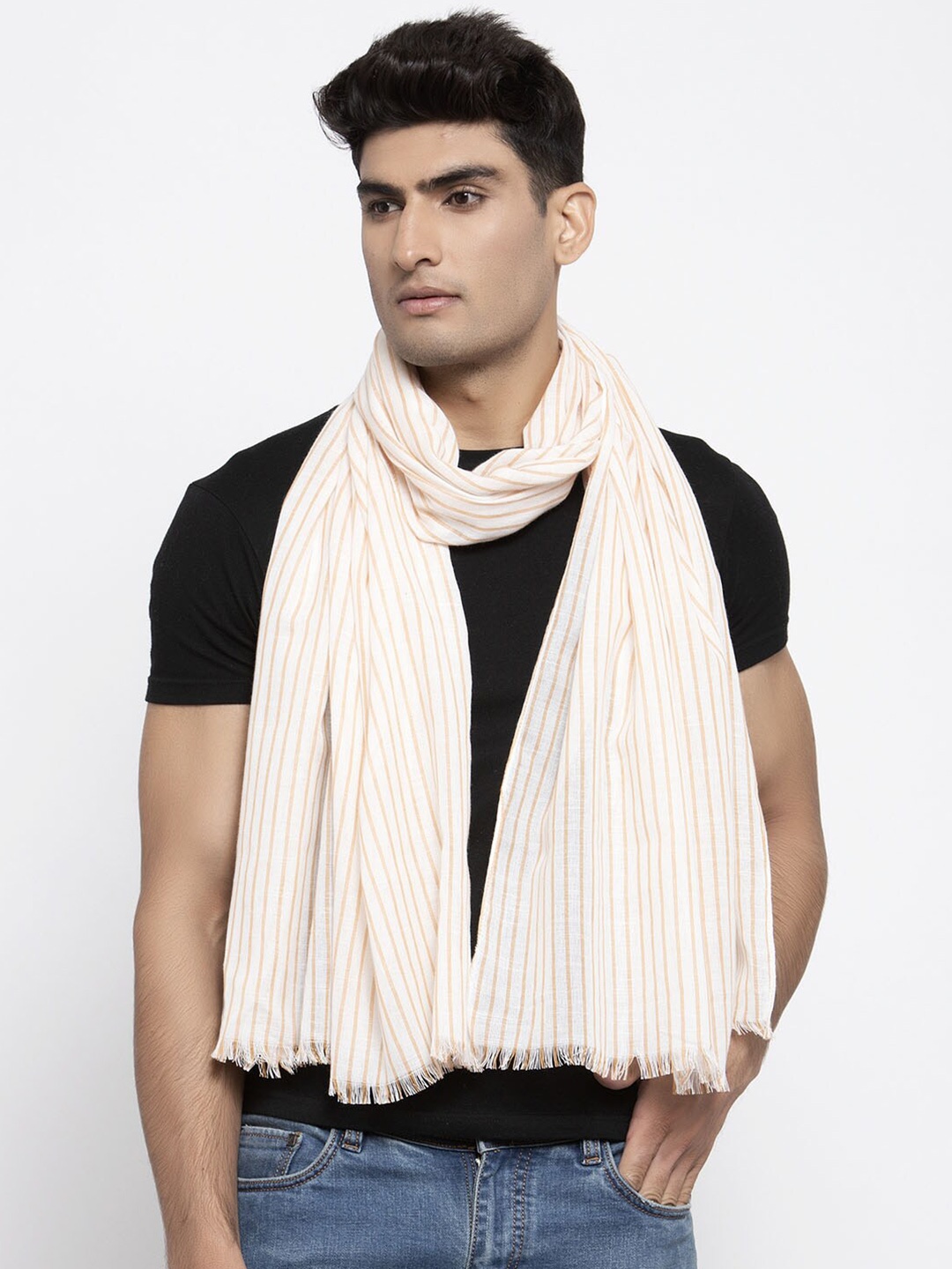 

Calvadoss Men Off White & Khaki Striped Stole