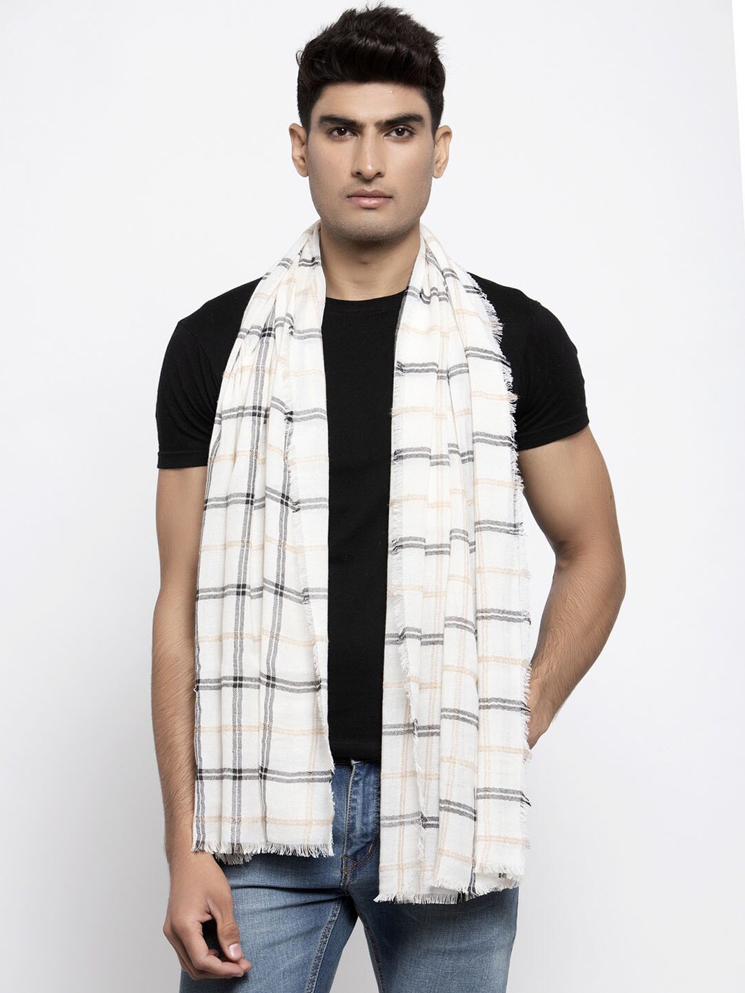 

Calvadoss Men Off White & Black Checked Stole