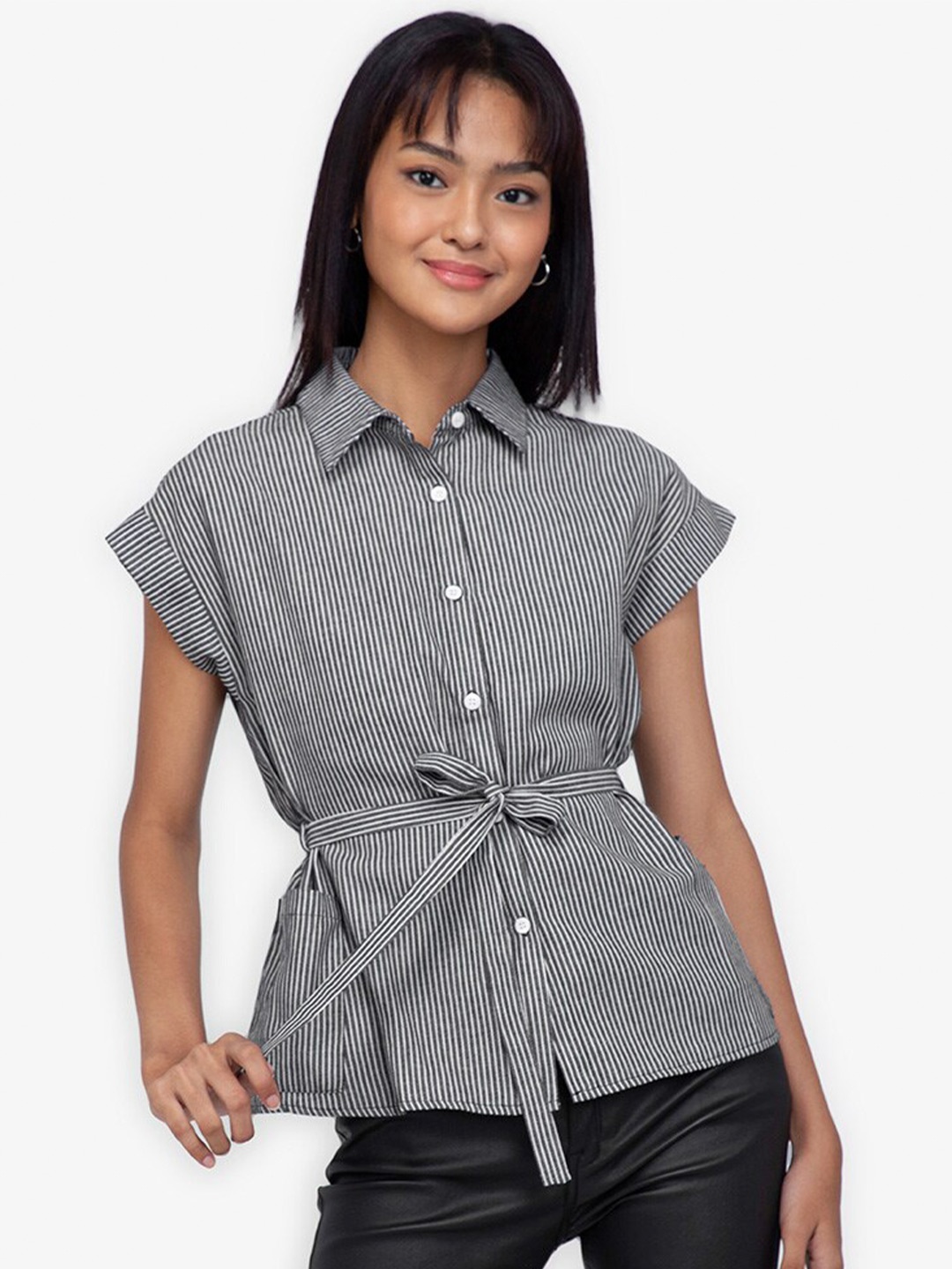 

ZALORA BASICS Woman Multicoloured Shirt Collar Striped Tunic, Multi