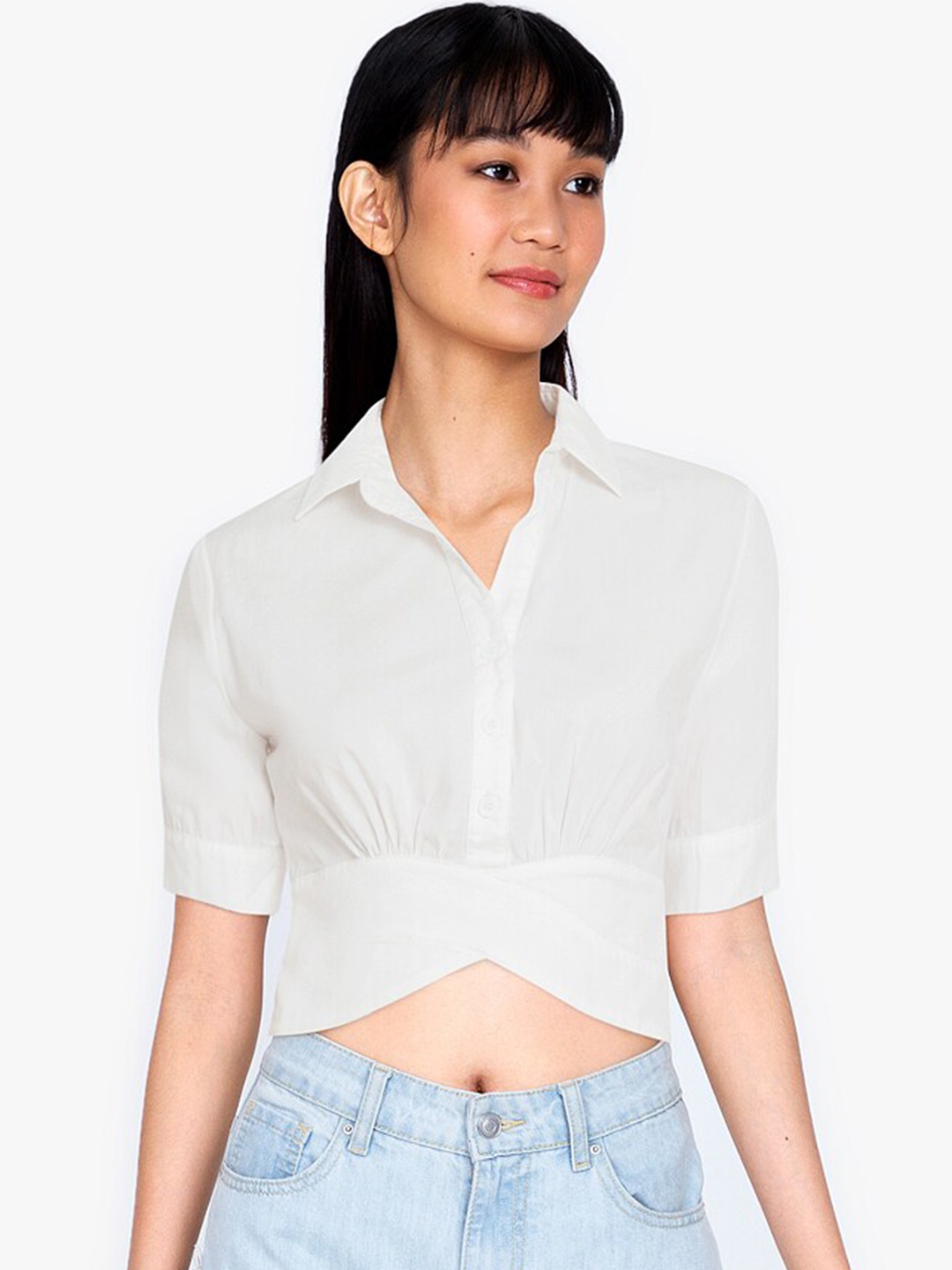

ZALORA BASICS Women White Solid Shirt Collar Wrap Top