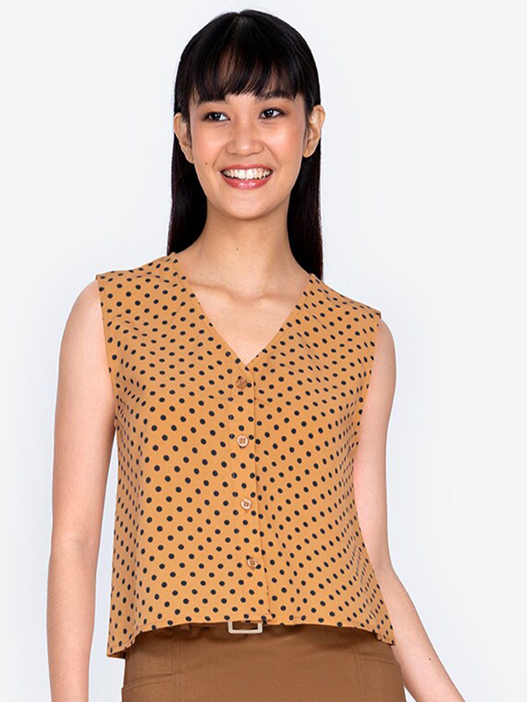 

ZALORA BASICS Tan & Black Polka Dots Printed Button Down Blouse Tunic
