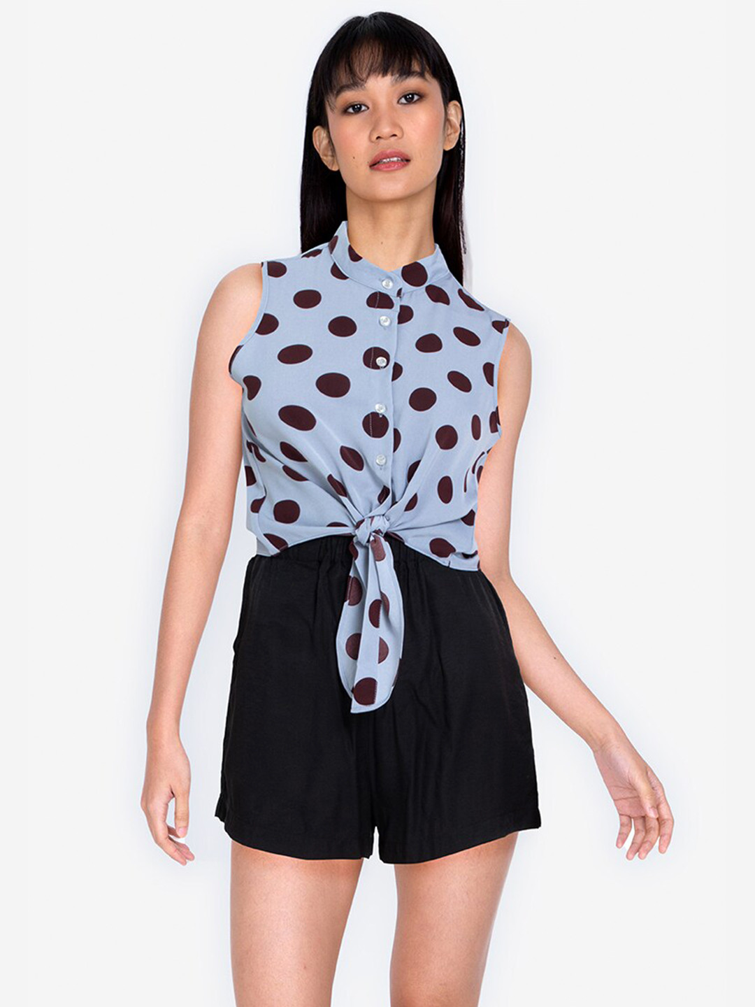 

ZALORA BASICS Blue & Burgundy Polka Dots Printed Front Knot Top