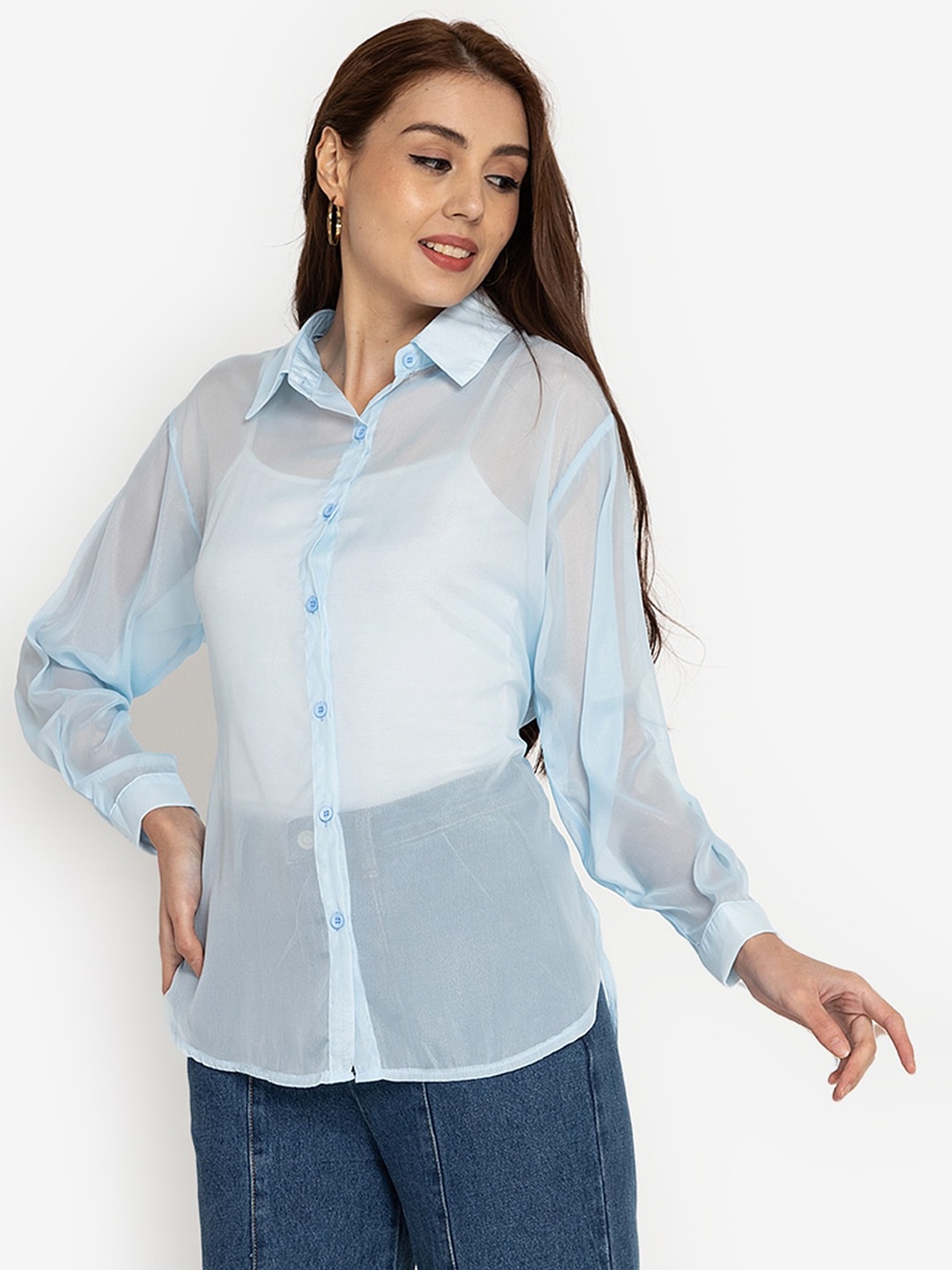 

ZALORA BASICS Blue Sheer Shirt Style Top