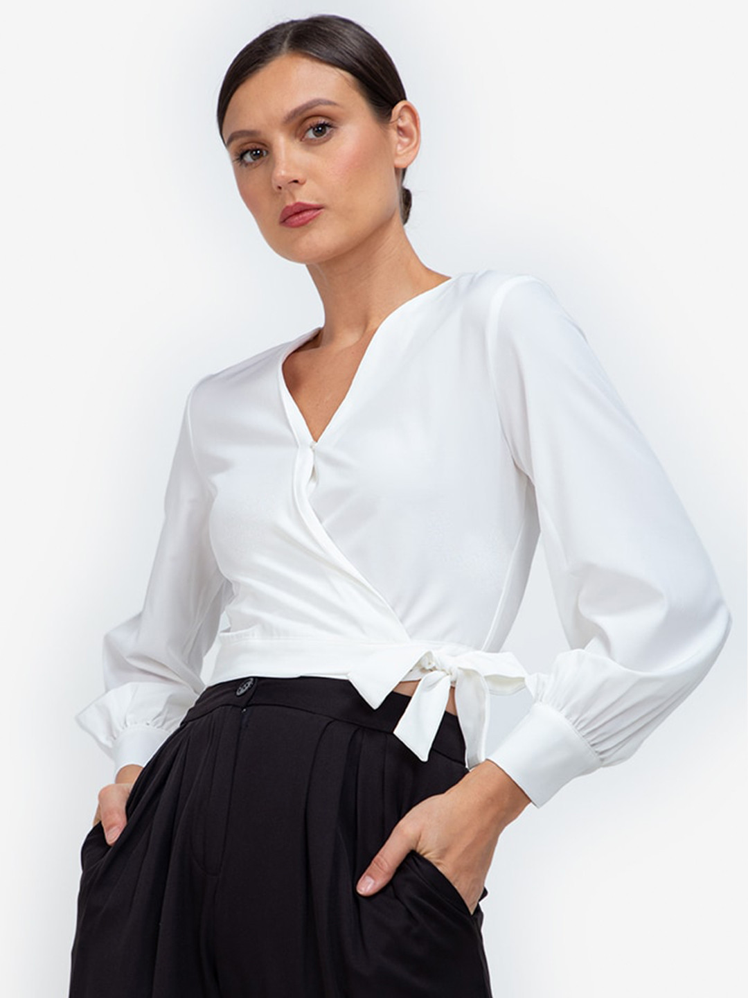 

ZALORA WORK White Overlapping Front Panel Wrap Crop Top