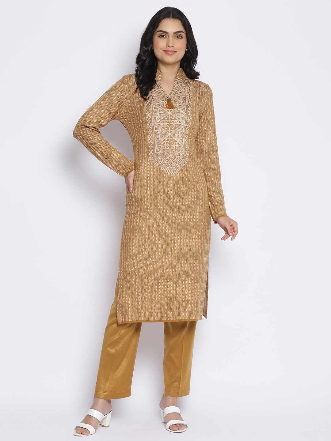 

MIKHAD Women Mustard Yellow Embroidered Jacquard Kurta