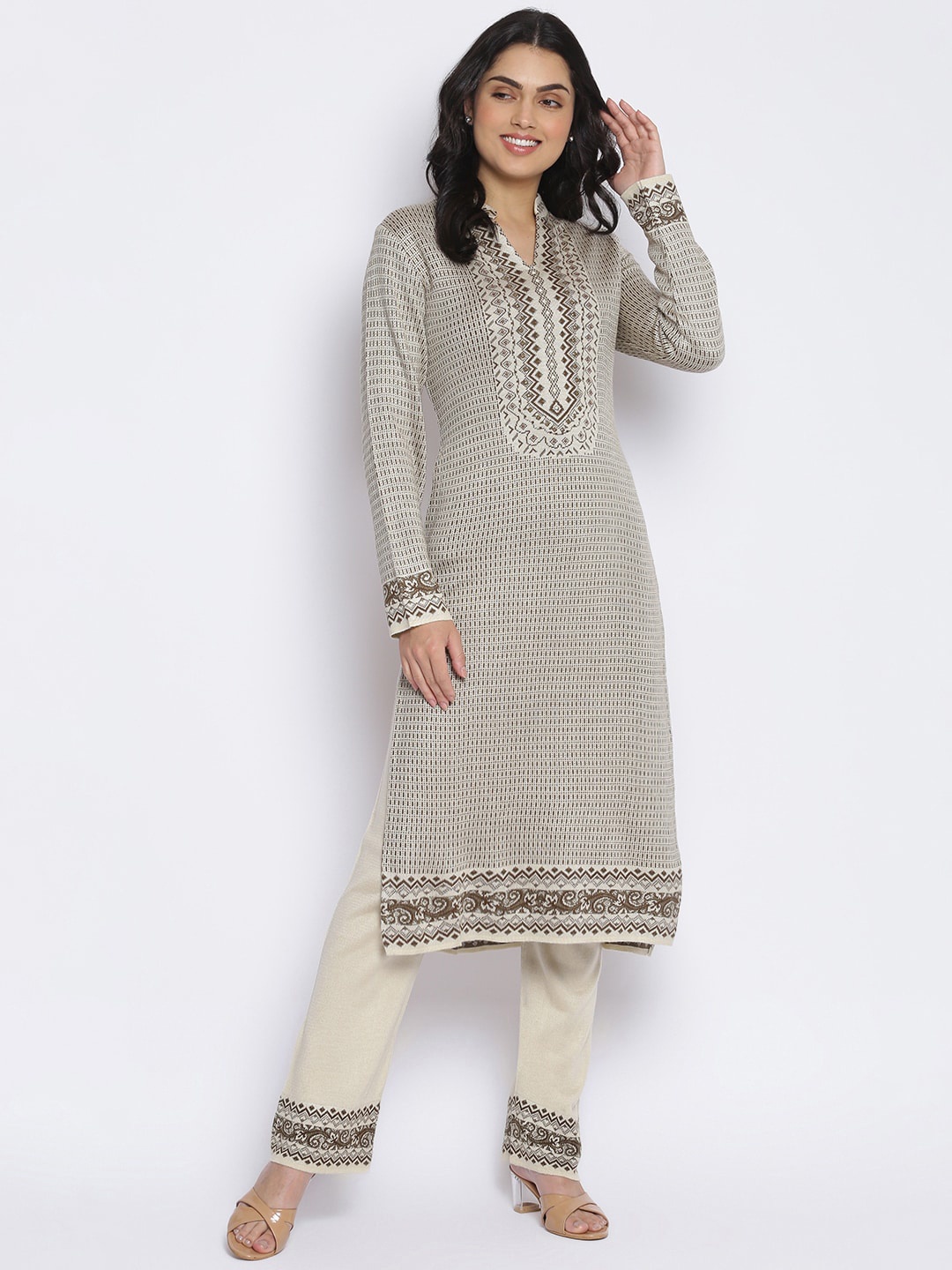 

MIKHAD Women Cream-Coloured Ethnic Motifs Embellished Thread Work Jacquard Kurta