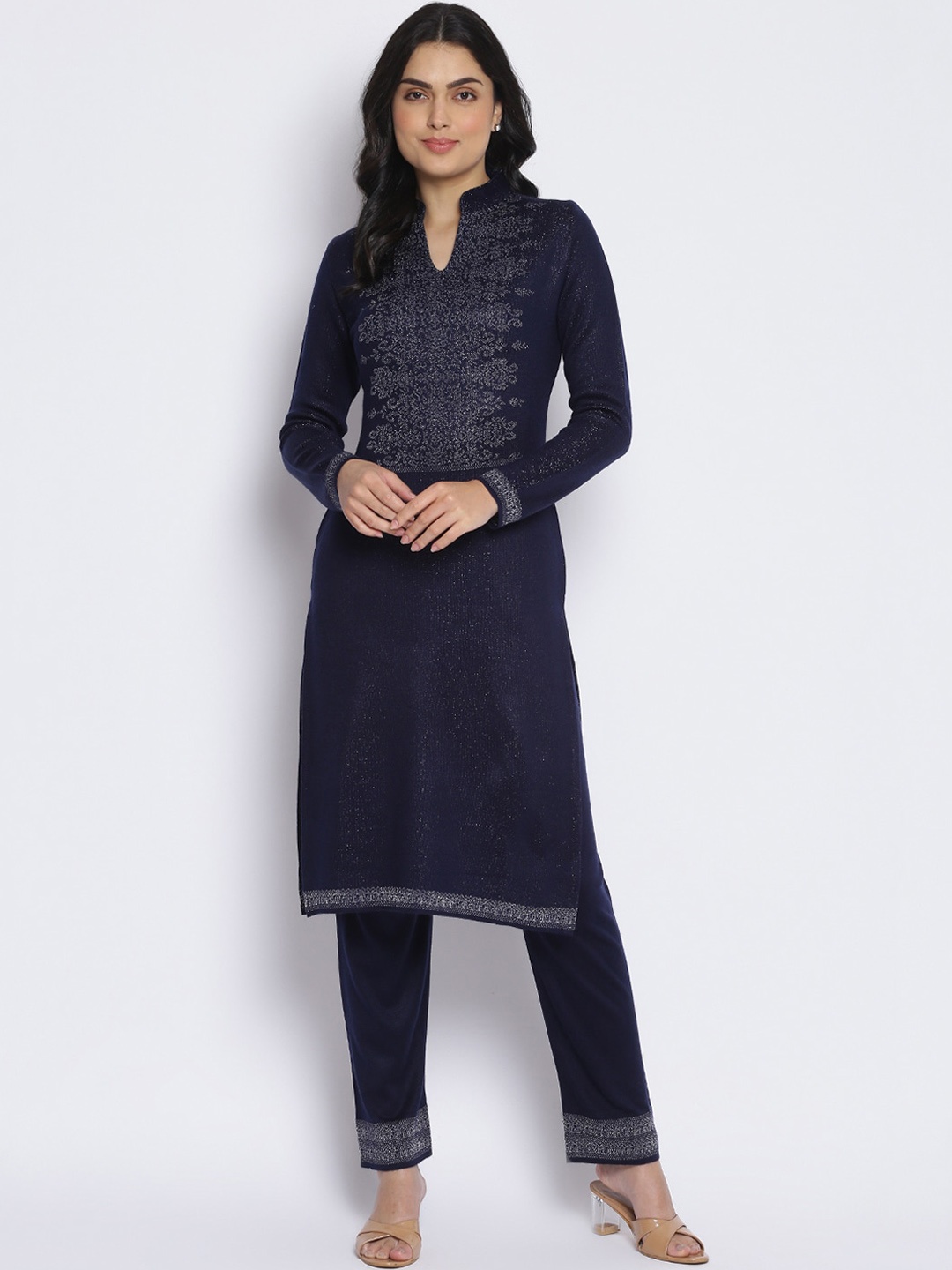 

MIKHAD Women Navy Blue Ethnic Motifs Thread Work Jacquard Kurta