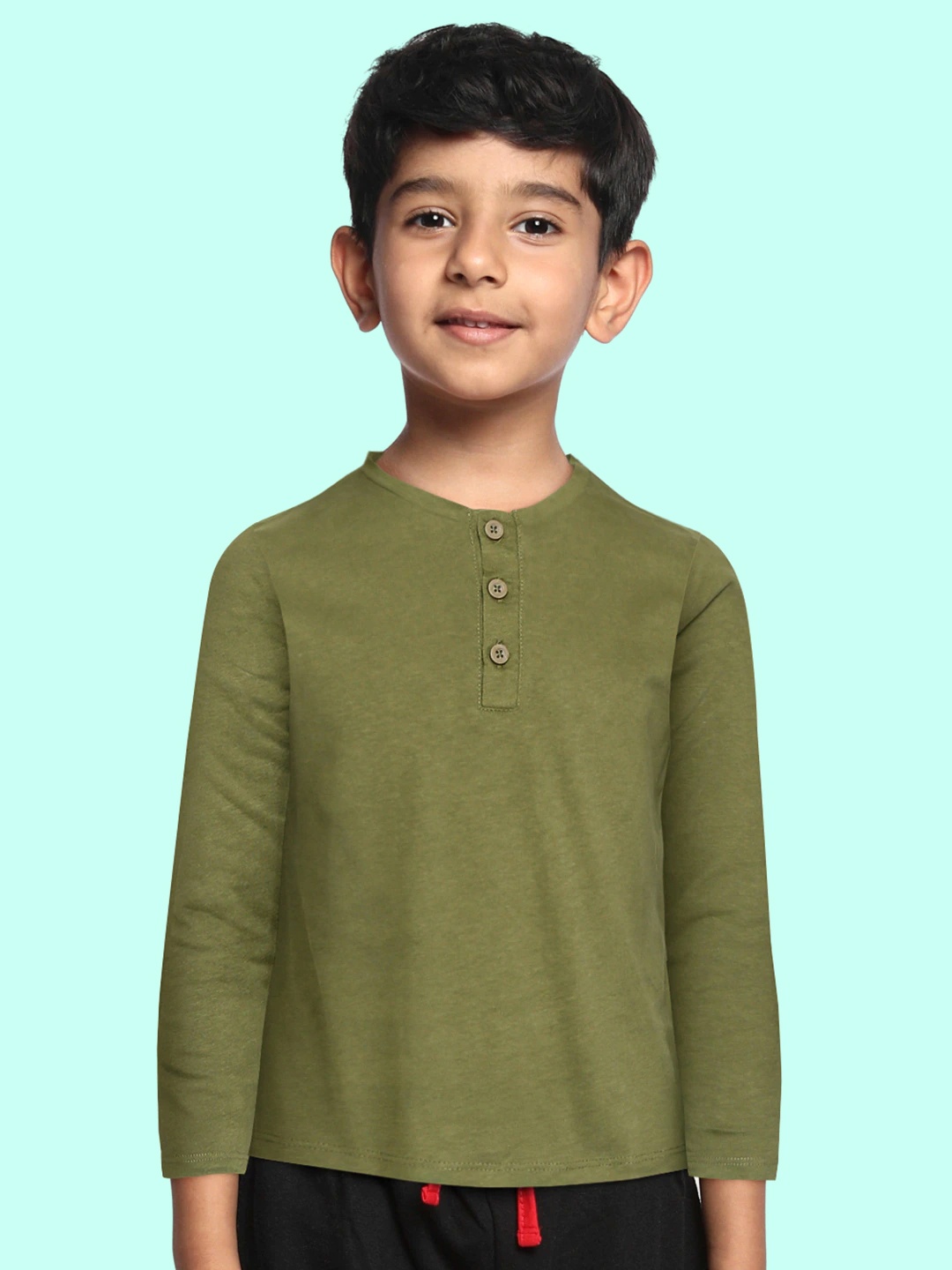 

DeFacto Boys Olive Green Solid Cotton Henley Neck T-shirt