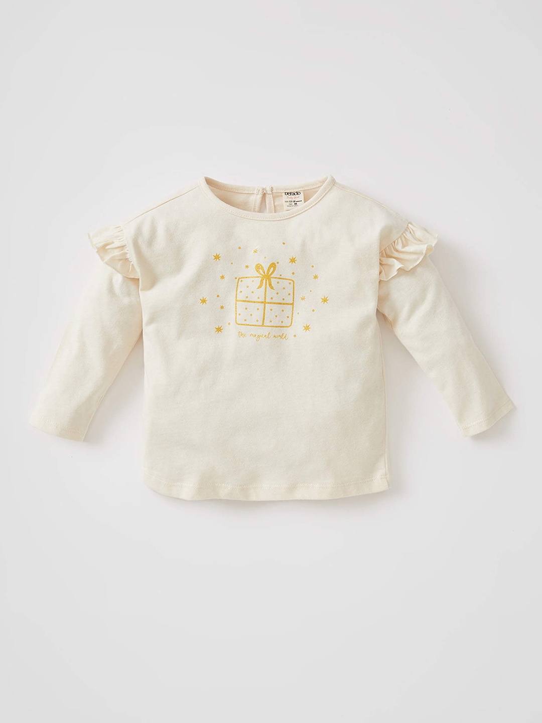

DeFacto Girls Off White & Mustard Yellow Graphic Print Ruffled Cotton Top