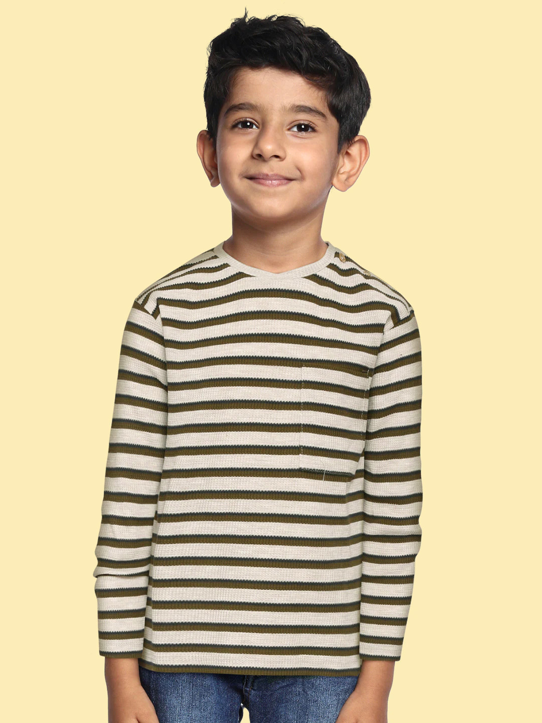 

DeFacto Boys Beige & Olive Green Striped T-shirt