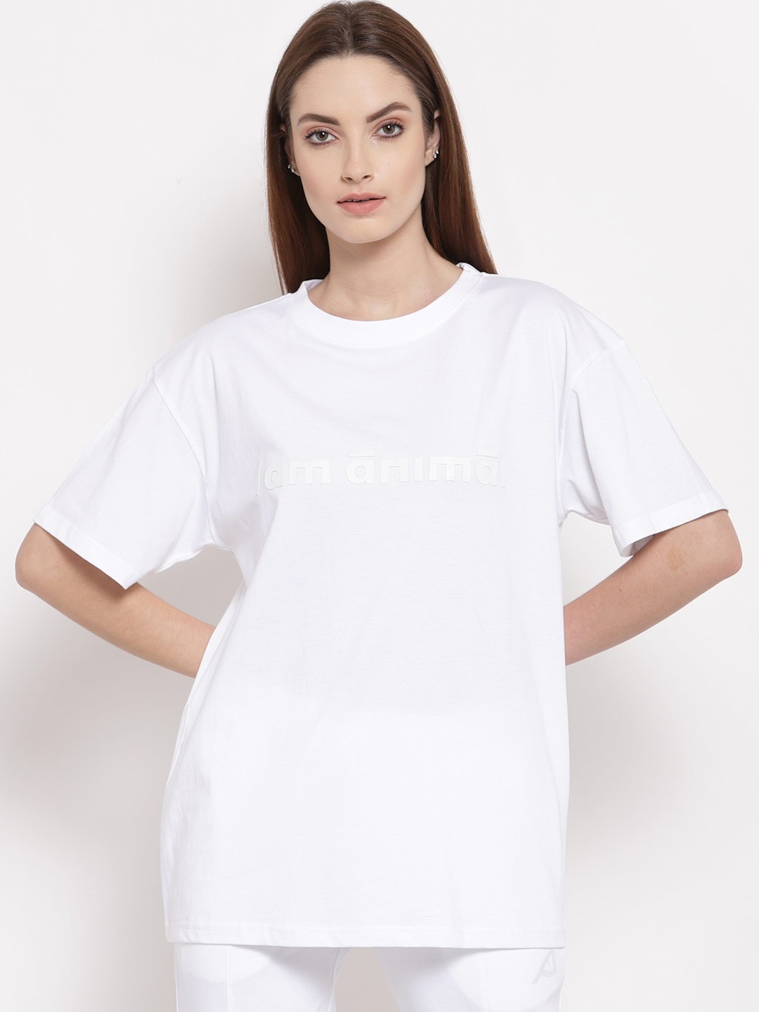 

I Am Animal Women White Organic Cotton Loose Fit T-Basic Word Printed T-Shirt